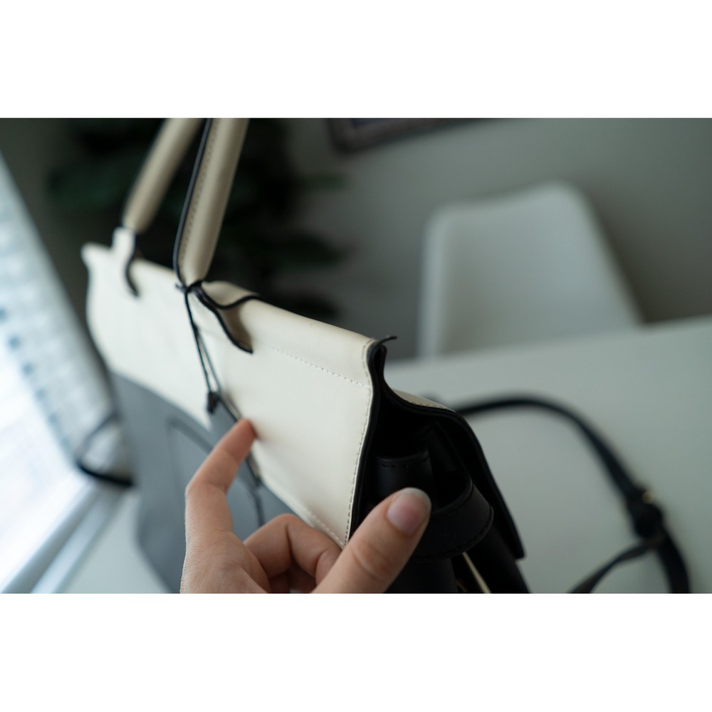 Jemma Womens Emma Work Bag Structured Colorblock Leather Satchel Black Cream - Picture 6 of 12